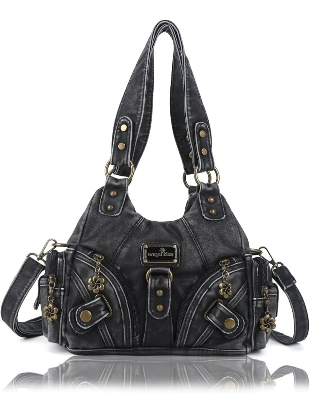 Women's Retro Black PU leather Zipper Multi-Pocket Small Hobo Shoulder Bag